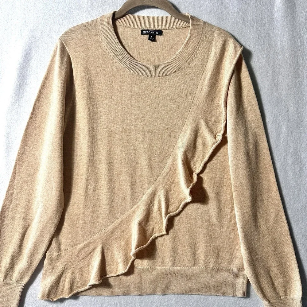 J.Crew Mercantile L Large‎ Ruffle Sweater Wool Tan Beige Oatmeal Chic Minimal